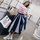 Set: Short-sleeve Lettering T-shirt + Striped Midi Accordion Pleat Skirt