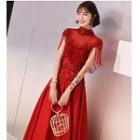 Short-sleeve Stand Collar Embellished A-line Evening Gown