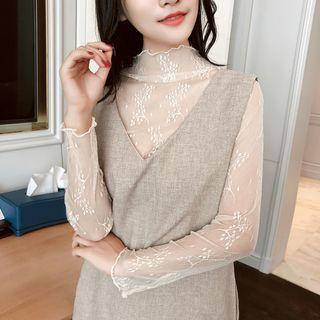 Mock Neck Floral Patterned Chiffon Long-sleeve Top