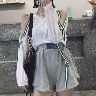 Cold Shoulder Long-sleeve T-shirt / High Waist Shorts