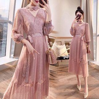 Floral Print Long-sleeve A-line Midi Dress With Choker