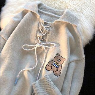 Collared Lace-up Bear Embroidered Sweater
