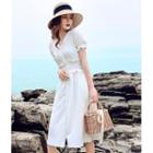 Ruffled Short-sleeve Buttoned A-line Midi Dress