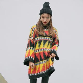 Patterned Color Block Long Sweater