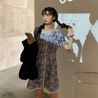 Short-sleeve Floral Print Mini A-line Dress / Elbow-sleeve Blazer