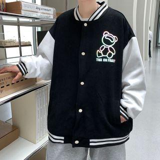 Two-tone Bear Print Baseball Jacket