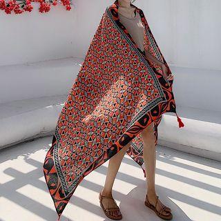 Patterned Tassel Shawl Black & Red - One Size
