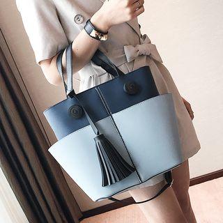 Tasseled Color Panel Faux Leather Tote