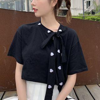Tie-neck Heart Printed T-shirt