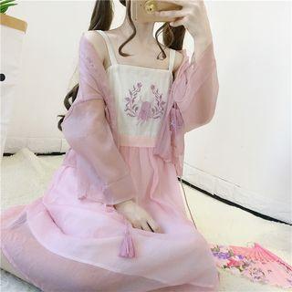 Set: Embroidered Spaghetti Strap Dress + Light Jacket