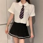 Plain Short-sleeve Shirt / Striped Tie / Mini Pleated Skirt / Set