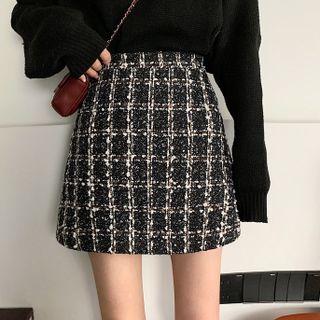 High Waist Plaid Tweed Mini A-line Skirt
