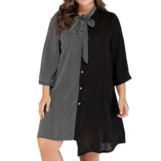 Oversized Long Sleeve Ribbon Tie-neck Dress