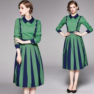 Long-sleeve Paneled Collared Midi A-line Dress
