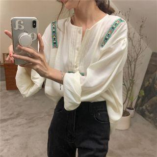 Lantern-sleeve Button-up Blouse White - One Size