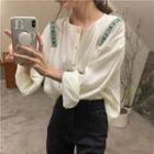 Lantern-sleeve Button-up Blouse White - One Size