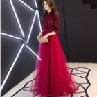 3/4-sleeve Mesh A-line Evening Gown