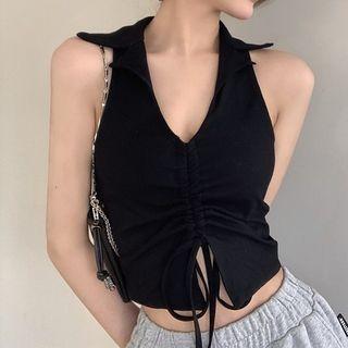 Halter-neck Drawstring Cropped Top