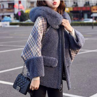 Plaid Panel Furry Hood Zip Jacket