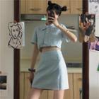 Denim Short-sleeve Cropped Blouse / Mini A-line Skirt