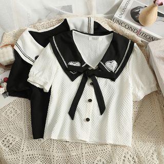 Embroidered Sailor-collar Ribbon Crop Shirt