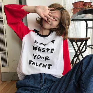 Bell-sleeve Lettering Raglan T-shirt / Mock Turtleneck Striped Long-sleeve Top