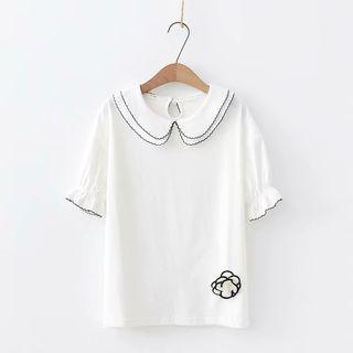 Floral Brooch Stitch-hem Collared Top