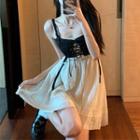 Lace Up Cropped Camisole Top / Spaghetti Strap Lace Trim Mini A-line Dress