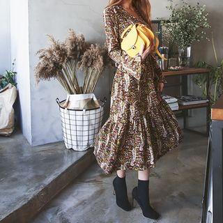 Tie-waist Ruffled Paisley Long Dress