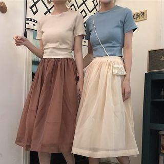 Tie-back Short Sleeve T-shirt / A-line Mesh Dress