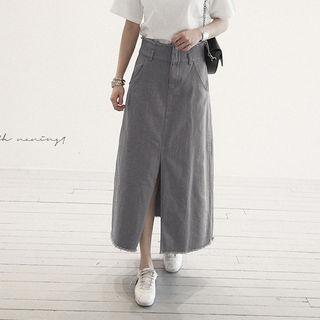Fringed-trim Slit-front Maxi Skirt