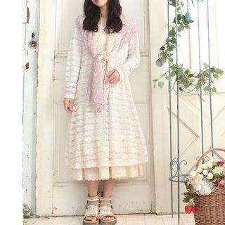 Printed Long Sleeve Midi Chiffon Dress With Light Scarf