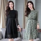 Long-sleeved Tie-waist Slim Lace Long Dress