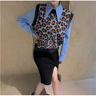Leopard Print Sweater Vest / Plain Shirt / Slit Pencil Skirt