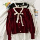 Ribbon-neckline Ruffle-trim Loose Knit Top