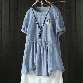 Embroidered Pinstriped Short-sleeve Top