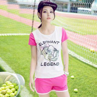 Set: Elephant Print Short Sleeve T-shirt + Tipped Shorts