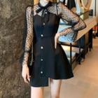 Long-sleeve Dotted Mesh Tie-neck Irregular A-line Mini Dress