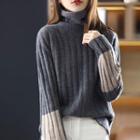 Long-sleeve High-neck Color-block Knit Sweater