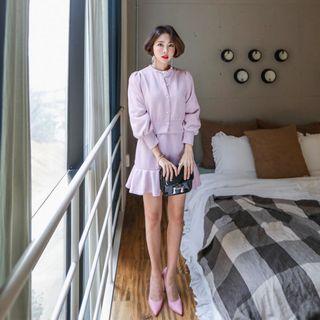 Set: Puff-sleeve Faux-pearl Cardigan + Frilled-hem Skirt