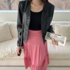 Collarless Buttoned Faux-leather Jacket