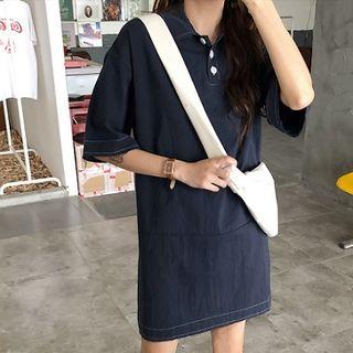 Plain Short-sleeve Shirtdress Dark Blue - One Size