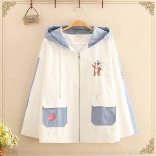 Squirrel Embroidered Color-block Hooded Jacket