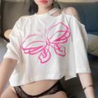 Off Shoulder Chain-detail Floral Print Crop T-shirt