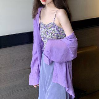 Plain Long-sleeve Loose-fit Shirt / Floral Camisole Top / Loose-fit Pants
