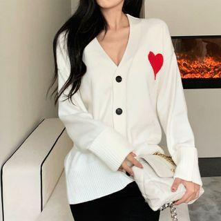 V-neck Heart Print Knit Cardigan