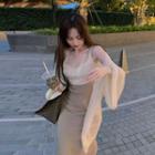 Spaghetti-strap Two-tone Knit Midi Sheath Dress / Cardigan