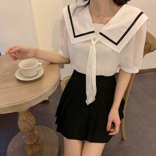 Sailor-collar Short-sleeve Chiffon Blouse White - One Size