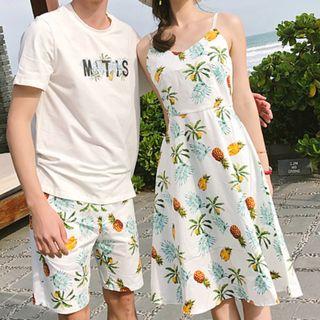 Couple Matching Spaghetti Strap Midi Dress / Set: Short-sleeve T-shirt + Shorts