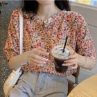 Elbow-sleeve Floral Print Blouse Beige - One Size